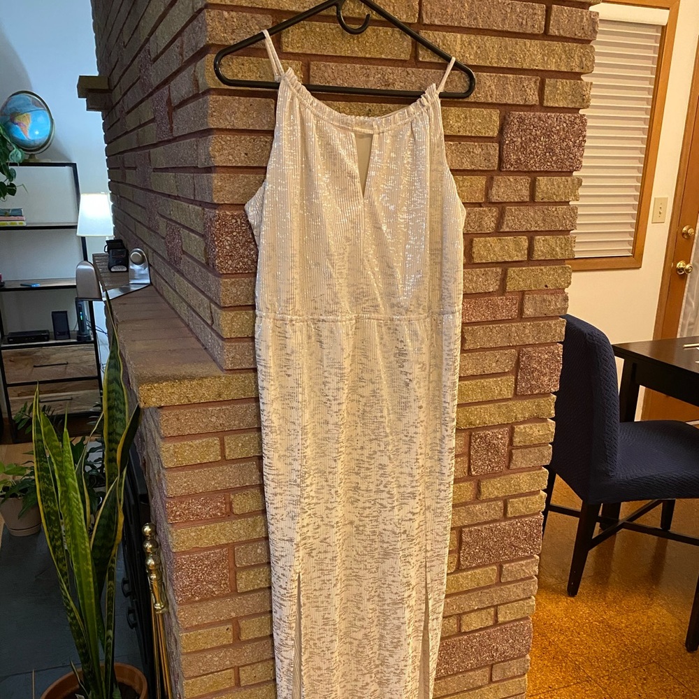 Floor length silver shimmery dress